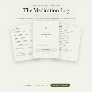 May include: A printable Medication Log document set featuring ten pages for tracking titration, side effects, and medical questions. The pages include instructions on how to use the log, a cover page, and sections for recording daily health data.