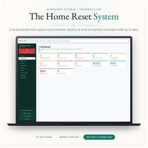 May include: A digital interface titled The Home Reset System by Kindling Studio Interactive. The browser window displays a dashboard with colourful rectangular cards showing numerical data, categories, and financial totals in dollars.