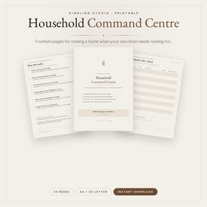 May include: A printable Household Command Centre set featuring fourteen pages of organisational templates. The documents include instructions titled How this works, a central title page, and a school and after-school schedule grid.
