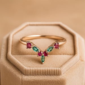 Ruby Emerald Chevron Ring, Marquise Gemstone V Band, Dainty Gold Stacking Ring