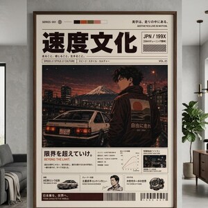 Peut inclure: Une affiche verticale sur le thème de la culture automobile japonaise montrant une personne devant une voiture à hayon blanche, le mont Fuji et une ville. Le design inclut le texte 速度文化, BEYOND THE LIMIT et des schémas techniques.