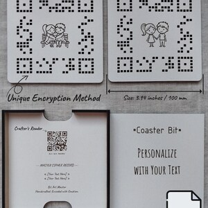 May include: Two square white coasters measuring 100 mm, each featuring a black pixelated border pattern and a central line-art illustration of a couple. One shows the couple on a bench, the other standing. Includes a black storage box.