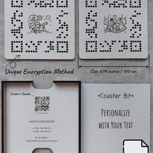 May include: Two square white coasters measuring 100 mm, each featuring a black pixelated pattern and a central line drawing. One shows a couple stargazing, the other a couple in a tent. Includes a black-framed reader card with text.