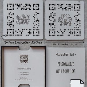 May include: Two square white coasters with black pixelated QR code borders and central line art illustrations of a couple cycling and gardening. Each coaster measures 100 mm. Includes a master cipher record card with text and a storage box.