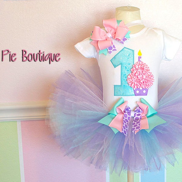 Baby Girl's First Birthday Outfit - No. "1" Applique with Small Cupcake Bodysuit, Tutu & Matching Hair Bow on Band - Aqua, Lavender and Pink