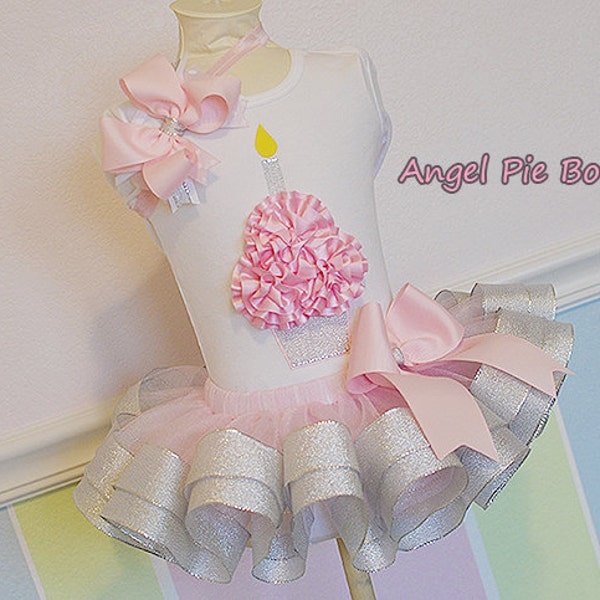 Baby Girl's First Birthday Outfit - Silver Sparkle Cupcake Bodysuit, Ribbon Tutu and Matching Hair Bow on Band - Silver & Pink