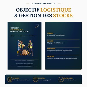 Op de afbeelding: Een digitale gids getiteld OBJECTIF LOGISTIQUE & GESTION DES STOCKS met een donkerblauwe achtergrond en gouden tekst. Het bevat een afbeelding van twee magazijnmedewerkers, een omvang van 50 pagina's en 48 operationele fiches.