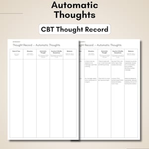 May include: A printable CBT Thought Record worksheet featuring columns for Date & Time, Situation, Automatic Thought, Emotion & Bodily Sensations, and Behavior. The document includes a blank template and a completed example page for reference.