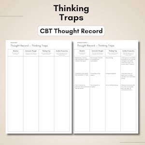 Peut inclure: Une fiche de travail Thinking Traps CBT Thought Record sur deux pages. La page de gauche est un modèle vierge et la page de droite est un exemple rempli. Les deux pages comportent des colonnes pour Situation, Automatic Thought, Thinking Trap et Another Perspective.