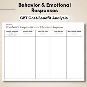 May include: A white worksheet titled Behavior & Emotional Responses CBT Cost-Benefit Analysis. The document features a table with five columns: Behavior/Emotional Response, Perceived Benefit, Short-Term Effect, Long-Term Cost, and What I Could Do Instead.