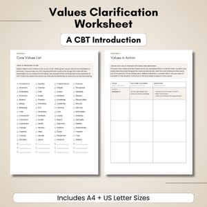 Peut inclure: Une fiche de travail sur la clarification des valeurs, introduction à la TCC, comprenant une liste de valeurs fondamentales avec des cases à cocher et un tableau Valeurs en action avec des colonnes pour les résultats et comportements.