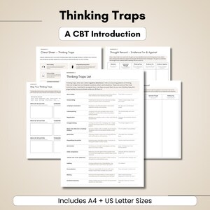 May include: A collection of white CBT worksheets titled Thinking Traps: A CBT Introduction. The pages include a Cheat Sheet, a Thinking Traps List, and a Thought Record with tables for mapping thoughts. The bottom text states Includes A4 + US Letter Sizes.