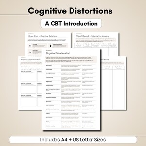 May include: A collection of white cognitive behavioral therapy worksheets featuring black text. The main document is titled Cognitive Distortions A CBT Introduction and includes a list of thinking traps, a cheat sheet, and a thought record.