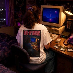Könnte beinhalten: Ein weißes T-Shirt mit einer großen rechteckigen Grafik auf der Rückseite. Die Grafik zeigt eine Person an einem Computertisch mit dem Text DIAL-UP DREAMS in rosa Großbuchstaben über der Abbildung eines Retro-Computer-Setups.