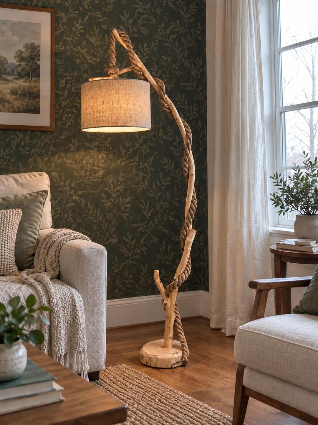 Natural Wood Floor Lamp, Tree Branch Lamp With Rope Detail, Rustic Living Room Lighting - Etsy UK