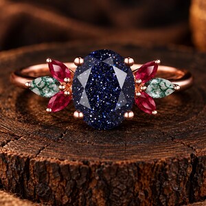 Anillo único de arenisca azul galaxia, anillo de compromiso de arenisca azul de talla ovalada, anillo de racimo de ágata musgosa, joyería de rubí en oro rosa de 14k, regalos de Navidad