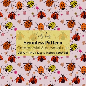 Motif coccinelle sans raccord | Motif sans raccord sur fond transparent | Usage commercial | 30,5 x 30,5 cm | 300 dpi | Fichiers JPEG et PNG