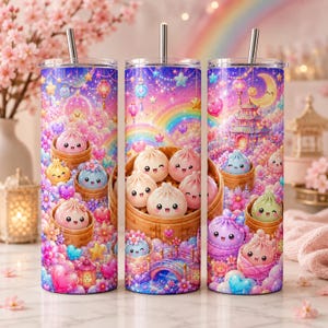 Può includere: Tre bicchieri cilindrici con cannucce in metallo caratterizzati da un colorato design fantasy di panini bao sorridenti in cestelli di bambù, circondati da fiori di ciliegio, lanterne luminose, cuori, stelle, un arcobaleno e una pagoda.