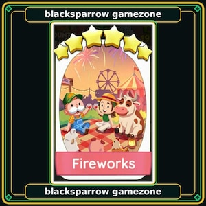 以下が含まれることがあります： 上部と下部にblacksparrow gamezoneのテキストが記載された長方形のデジタルゲームカード。中央の楕円形のイラストには、花火が上がるフェアで、漫画の男性、女性、牛、羊、豚、鶏が描かれており、上部には5つの黄色い星が配置されています。