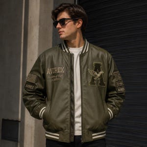 Avirex Leather Jacket Mens, Green Varsity Bomber, Eagle Patch Jacket, Vintage Flight Jacket, Aviator Streetwear, USA Duty Paid Shipping