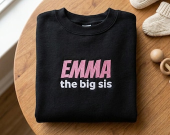 Sweatshirt met gepersonaliseerde borduurdetails voor de grote zus, cadeau ter aankondiging van de zwangerschap (naam)