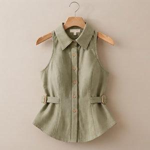 May include: A sleeveless sage green button-down waistcoat featuring a classic collar, a central row of light-coloured buttons, and adjustable side straps with gold-toned metal buckles at the waist. The garment is displayed on a wooden hanger.