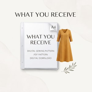 May include: A digital sewing pattern document in a clear plastic sleeve with A4 text, alongside a mustard yellow dress with a V-neck and three-quarter sleeves. The document text reads: WHAT YOU RECEIVE, DIGITAL SEWING PATTERN, PDF PATTERN, DIGITAL DOWNLOAD.