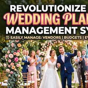 May include: A digital tablet displaying a Wedding Planner Pro interface with icons for dashboard, bookings, vendor management, budget tracking, guest lists, and tasks, held in front of a wedding ceremony scene with text overlay.