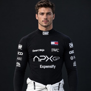 May include: A black long-sleeve racing shirt with a high neck featuring the OMP logo on the collar. The chest displays Tommy Hilfiger, Swart Ninja, IWC, APX GP, and Expensify branding. The sleeves feature OMP, ECD, ASC, FA GRES, and other logos.