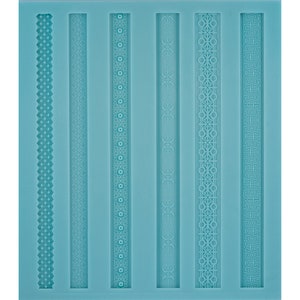 May include: Silicone mould with six different border designs. The designs are intricate and detailed, featuring geometric patterns and floral motifs.