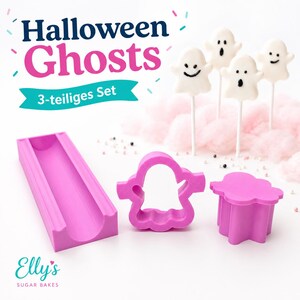 Könnte beinhalten: Ein dreiteiliges Backset aus rosa Kunststoff mit einer langen rechteckigen Form, einem geisterförmigen Ausstecher und einem Geister-Ausstecher mit Auswerfer. Der Text lautet Halloween Ghosts 3-teiliges Set und Elly's Sugar Bakes.