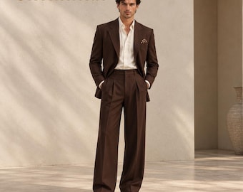 Men’s Dark Brown 2 Piece Suit, Chocolate Brown Wedding Suit, Wide Leg Trousers, Formal Suit for Men