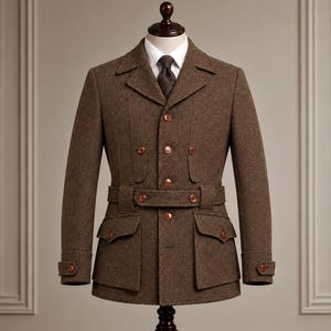Può includere: Una giacca in tweed marrone con vita cinta, revers dentellati e quattro tasche frontali con patta. La giacca presenta una chiusura a doppio petto, polsini abbottonati, una camicia bianca e una cravatta marrone. Il testo CHIKAARA è visibile.