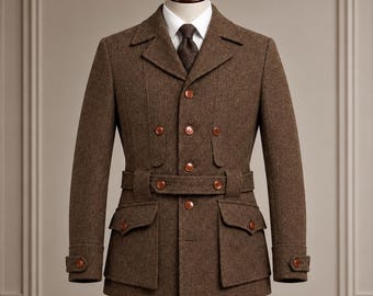 Men’s Brown Tweed Norfolk Jacket, Belted Country Jacket, Tailored Tweed Coat, Heritage Style Jacket for Men