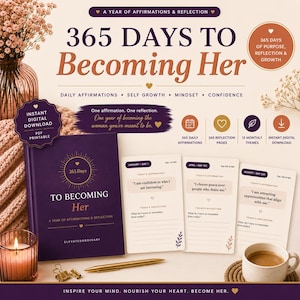 May include: A purple journal titled 365 Days To Becoming Her with three matching daily affirmation cards, a gold pen, and two gold paper clips. The set includes text about daily affirmations, self-growth, mindset, and confidence for a year.
