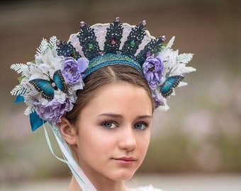 Lavender & Blue Fairy Crown, Butterfly Fairy Flower Crown, Filigree Metal Crown, Jeweled Princess Crown, Filigree Headband, Halo Headpiece