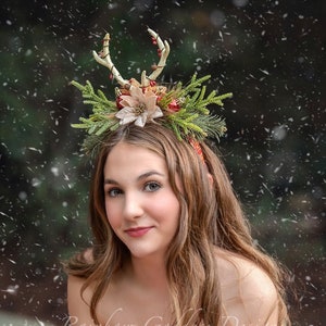 Yuletide Deer Horns, Holiday Antlers, Poinsettia Deer Horn Headband, Fawn Headpiece, Christmas Headband, Xmas Flower Crown, Rudolph Horns
