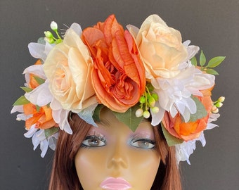 Fall Wedding Crown, Orange Flower Crown, Fairy Flower Head Wreath, Boho Floral Headpiece, Coral Floral Headband, Rustic Wedding Hairpiece