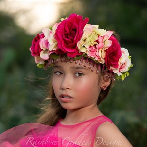 Pink Green Spring Flower Crown, Fairy Rose Crown, Flower Head Wreath, Floral Headpiece, Floral Headband, Wedding Crown, Valentines Crown