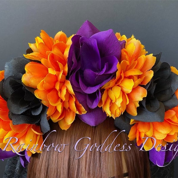 Halloween Flower Crown, Rose Crown, Veiled Headband, Floral Headpiece, Floral Crown, Day of the Dead Flower Crown, Frida Kahlo, Catrina