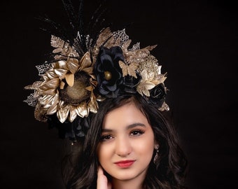Black and Gold Fascinator, Gold Sunflower Headband, 1920s Headpiece, Gatsby Headband, Glitter Flower Crown, New Years Headdress, Prom