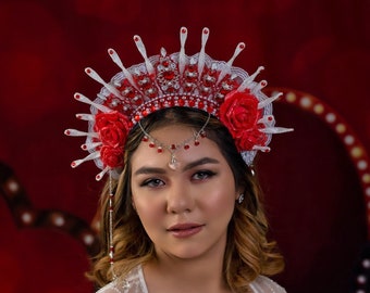 Red & White Snow Queen Crown, Queen of Hearts Tiara, Jeweled Valentine Filigree Headband, Halo Headpiece, Red Rose Crown, Fantasy Crown