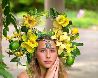 Lemon Lime Headdress, Citrus Fruit Headpiece, Summer Vibe Flower Crown, Lily Halo Headpiece, Butterfly Citrus Headdress, Cottagecore Crown