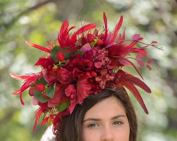 Raspberry Feather Headband, Burgundy Flower Headdress, Feather Fairy Crown, Floral Crown, Goddess Headpiece, Raspberry Fairy Headband