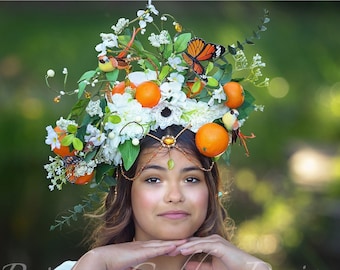 Orange Blossom Headdress, Citrus Fruit Headpiece, Summer Flower Crown, Butterfly Garden Halo Headpiece, Citrus Headdress, Cottagecore Crown