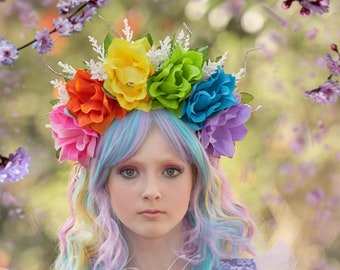 Rainbow Flower Headband, Fairy Flower Crown, Rainbow Headdress, Rainbow Rose Crown, Rainbow Pride, LGBTQA+ Floral Crown, Festival Headpiece