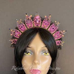 Pink Yellow Gothic Skull Crown, Gothic Vampire Tiara, Dark Fairy Butterfly Headband, Halloween Headpiece, Metal Filigree Jeweled Crown