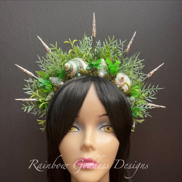 Green Spiked Mermaid Crown, Mermaid Headband, Mermaid Headdress, Shell Crown, Mermaid Costume, Seashell Wedding Tiara, Sea Garden Crown