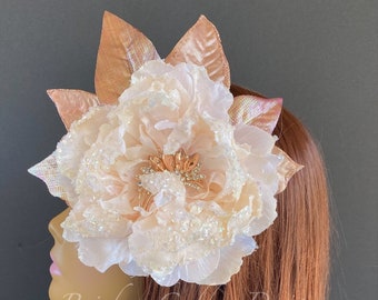 Peach Rose Gold Flower Hair Clip, Flower Fascinator, Flower Headpiece, Flower Hair Clip, Elegant Hair Accessories, Wedding, New Years Clip