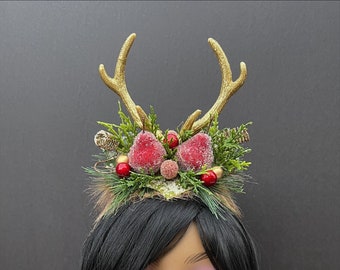 Gold Red & Green Holiday Deer Horns, Yuletide Antlers, Deer Horn Headband, Fawn Headpiece, Xmas Deer Crown, Reindeer Christmas Headband